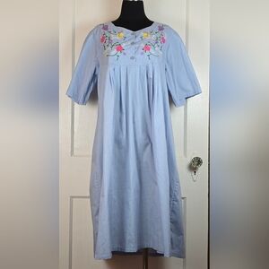 Grenada Blue Embroidered Cottagecore Granniecore Dress with Pockets Large